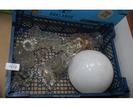 A quantity of glass including Mary Gregory style decanter jug, small clock, epergne glass liners etc.