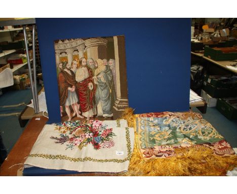 A tablecloth designed in Australia by Heil 4' 2" x 3' 11" depicting Australian wild flowers together with an embroidered squa