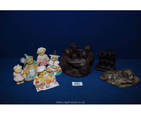 Small quantity of china teddies, Poole dog on cushion, monkeys, and a pottery night light holder.