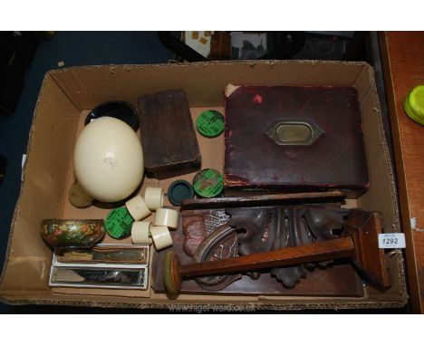 A quantity of miscellanea including Treen, vintage leather writing slope, boxes, pipe rack, ostrich egg etc.