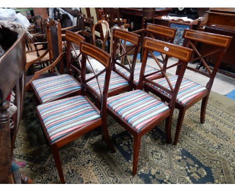 A set of six elegant Mahogany framed Dining Chairs having cross back-splats surmounted by light and darkwood strung cross ban