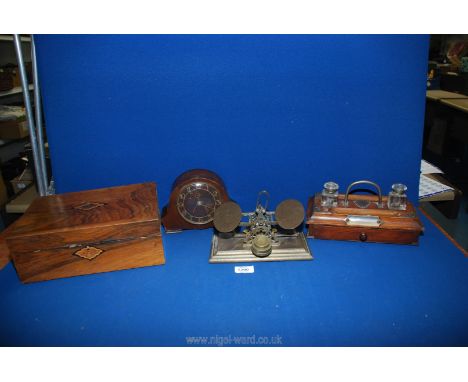 A quantity of miscellanea including wooden box with inlaid detail, postal scales and standish (all a/f.) and a small Smiths M
