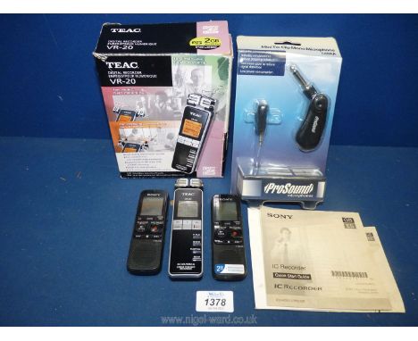 A quantity of voice recorders including Pro sound mini tie clip mono microphone, Teac VR-20 digital recorder etc.