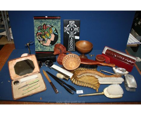 A quantity of miscellaneous to include Celtic cross, painted glass panel, brass crumb tray and brush, small baskets, Ronson t