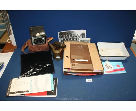 A quantity of miscellaneous to include Brownie camera mode D, blow lamp, cased drawing/ surveying instruments, medical tray a