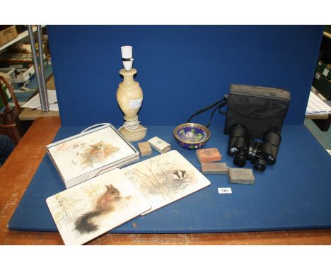 A small quantity of miscellanea including a cased pair of Mark Scheffel 20 x 50 binoculars, onyx table lamp, cloisonné bowl, 