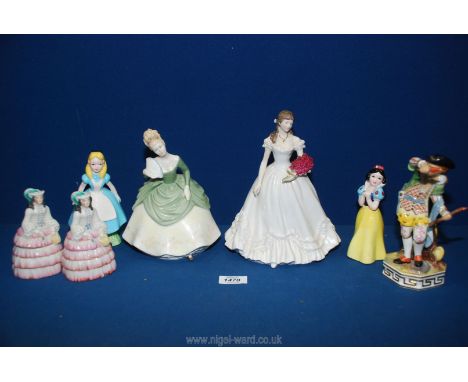 A quantity of figurines including a Royal Crown Derby 'Five' XL11 figure of a man in period dress, Royal Worcester 'Anniversa