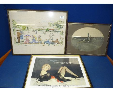 Three framed pictures:  black and white photograph of 'M Louis Bleriot starting on his cross channel flight', Schweppes poste