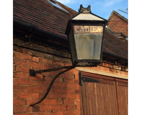 LATE VICTORIAN/EDWARDIAN FOUR PANE HANGING LANTERN, POSSIBLY FROM A RAILWAY STATION, ONE GLASS PANE ETCHED 'LADIES' 60CM  H X