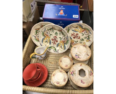 NOVELTY POTTERY DRUMMER BOY TEAPOT AND A BASKET OF CROWN DEVON BLUSH IVORY DRESSING TABLE POTS, DERUTA JUG AND TWO RELIEF MOU