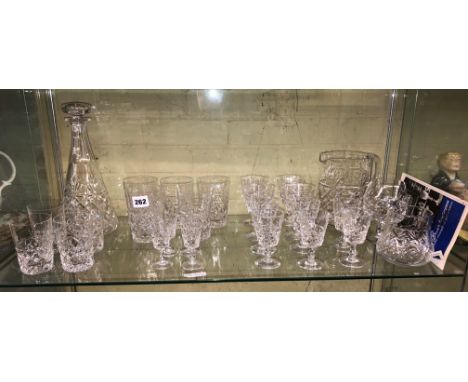 SHELF OF CUT GLASSWARES INCLUDING DECANTER AND WATER JUG