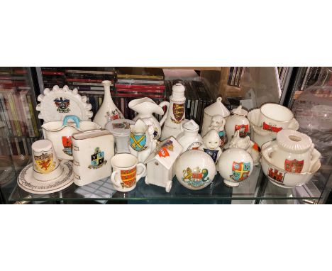 SHELF OF VARIOUS CRESTED WARE - MONUMENTS, BLACKPOOL FERRIS WHEEL, TYG AND OTHERS