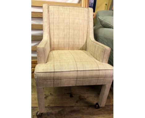 PAIR OF LIGHT CREAM FABRIC UPHOLSTERED ARMCHAIRS ON BALL CASTERS