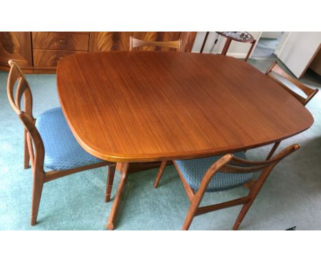 TEAK CROSS BANDED OVAL DINING TABLE AND SIX TEAK LADDER BACK CHAIRS 