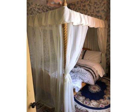 LIGHT BEECH FOUR POSTER BED, MATTRESS AND BAGS OF DRAPES