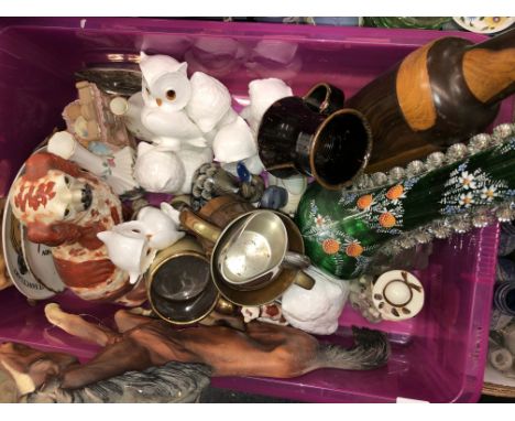 PINK CRATE OF VARIOUS ITEMS INCLUDING CERAMIC ROYAL OSBORNE OWL COLLECTION, STAFFORDSHIRE SEATED SPANIEL, PAINTED DUCK FIGURE
