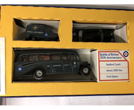 CORGI BOXED 50TH ANNIVERSARY BATTLE OF BRITAIN BEDFORD COACH, MORRIS VAN AND FORD ZEPHYR
