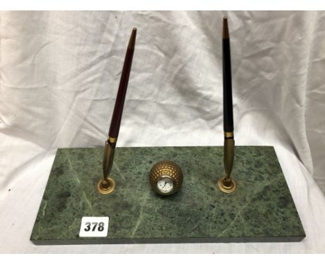 TWIN PEN DESK STANDISH WITH GOLF BALL CLOCK
