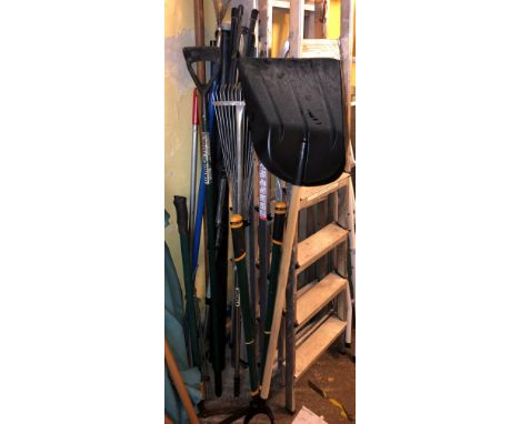 SELECTION OF GARDENING TOOLS INCLUDING RAKES, SNOW SHOVEL, HEDGE CUTTERS, ETC.