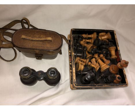 SMALL PAIR OF ROSS OF LONDON BINOCULARS IN LEATHER CASE AND A SMALL BOX CONTAINING CHESS PIECES
