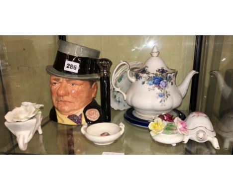 ROYAL DOULTON WC FIELDS CHARACTER JUG, BONE CHINA TEAPOT AND FLORAL ENCRUSTED ORNAMENTS