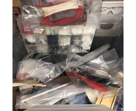 BOX OF MISCELLANEOUS MODELMAKERS REMOTE CONTROL PLANE ACCESSORIES INCLUDING WHEELS, IRONMONGERY, PROPS, PROPELLERS