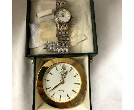 BOXED LADIES BEVERLY HILLS POLO CLUB QUARTZ WRIST WATCH AND A QUARTZ EASEL BACK TRAVELLING CLOCK