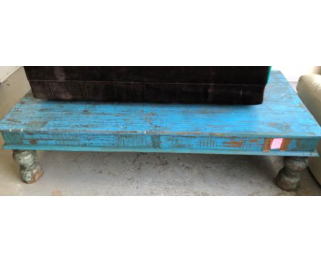 LIGHT BLUE PAINTED INDIAN STYLE LONG TABLE ON TURNED LEGS 