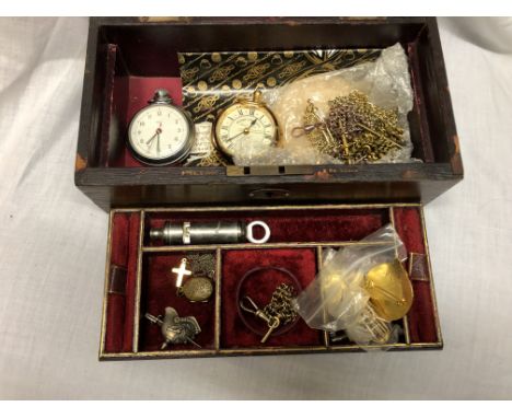 JEWELLERY BOX OF MISCELLANEOUS PLATED POCKET WATCHES, WATCH CHAINS, ENAMEL BADGES AND WHISTLE, ETC