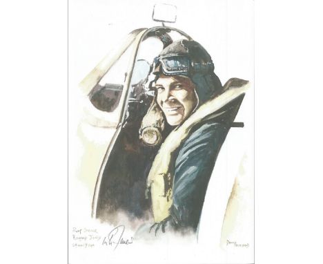 Flt/Lt Richard Jones WW2 RAF Battle of Britain Pilot signed colour print 12 x 8 inch signed in Pencil. Image of him in flying