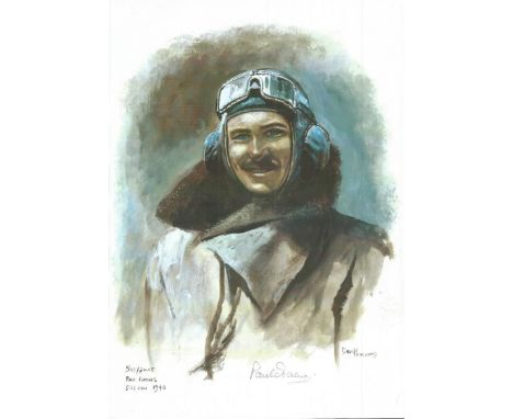 Sgt Pilot Paul Farnes WW2 RAF Battle of Britain Pilot signed colour print 12 x 8 inch signed in Pencil. Image of him in flyin