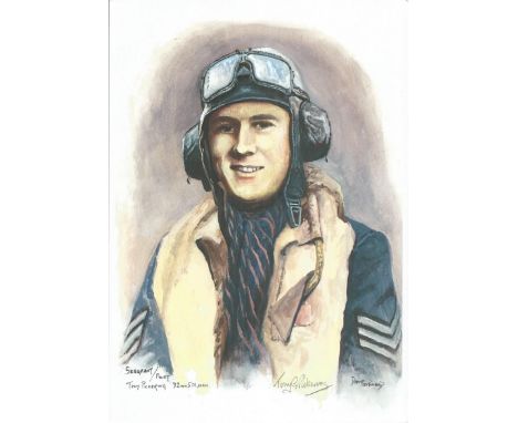 Sgt/Plt Tony Pickering WW2 RAF Battle of Britain Pilot signed colour print 12 x 8 inch signed in Pencil. Image of him in flyi