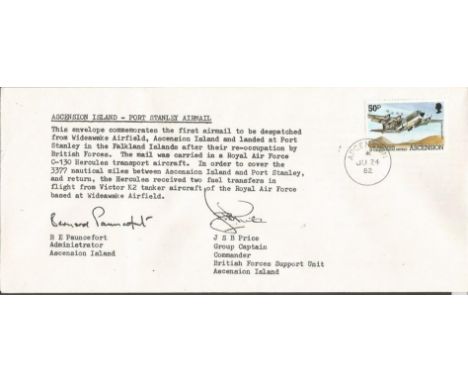 Falklands 1982 First Airmail cover flown on 1st flight after re occupation. Signed by Grp Capt Price & Ascension Administrato