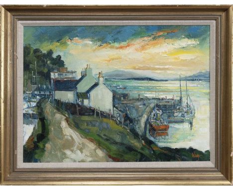 * JAMES WATT RGI (SCOTTISH 1931 - 2022), EVENING SKY, CRINAN oil on canvas, signed, titled versoframed and under glassimage s