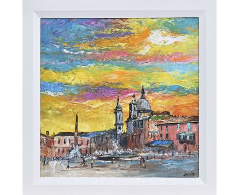 * NATALIE SOUTER (SCOTTISH b. 1989), EVENING LIGHT, PIAZZA NAVONA, ROME oil on canvas, signedframedimage size 29cm x 29cm, ov