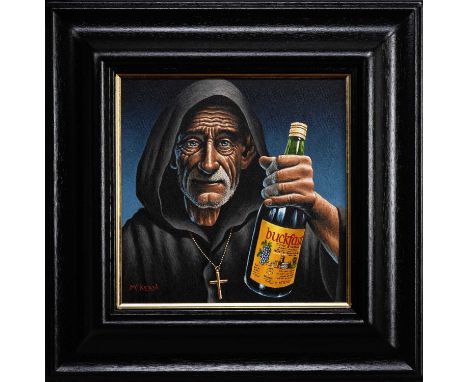 GRAHAM H D MCKEAN, MONASTIC BREW oil on canvas, signed, titled versoframedimage size 30cm x 30cm, overall size 48cm x 48cm No