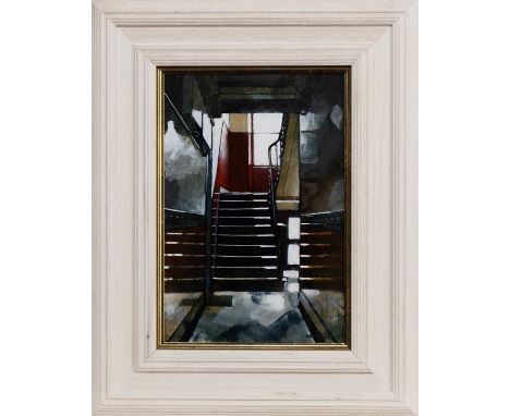BRYAN EVANS, INTO THE LIGHT IN A RED CLOSE acrylic on board, signed, titled versoframed and under glassimage size 27cm x 18cm