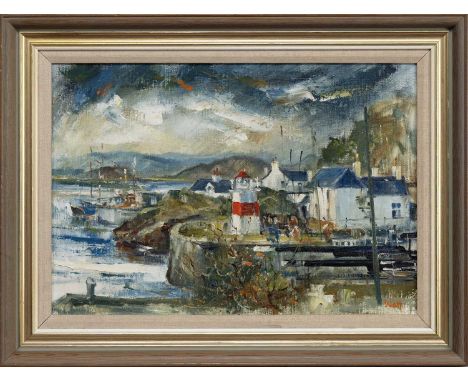 * JAMES WATT RGI (SCOTTISH 1931 - 2022), CRINAN LIGHT oil on canvas, signed, titled versoframedimage size 36cm x 52cm, overal