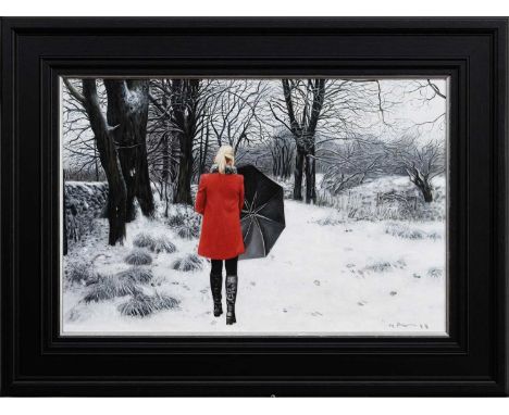 * GERARD BURNS (SCOTTISH b. 1961), RED COAT IN WINTER oil on canvas, signed framedimage size 39cm x 60cm, overall size 59cm x