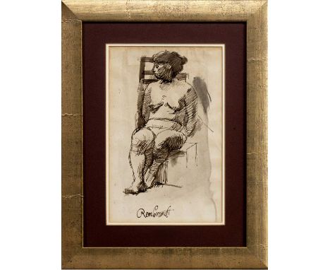 JOHN BYRNE RSA (SCOTTISH 1940 - 2023), NUDE SEATED  ink on paper, inscribed 'Rembrandt' mounted, framed and under glass (fram