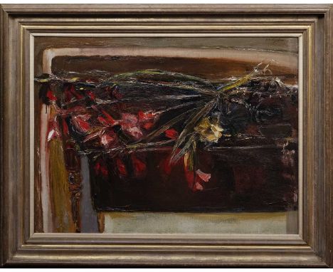 * SIR ROBIN PHILIPSON RA PRSA FRSA RSW RGI (SCOTTISH 1916 - 1992), GLADIOLI ON A TABLE  oil on canvas, signedframedimage size