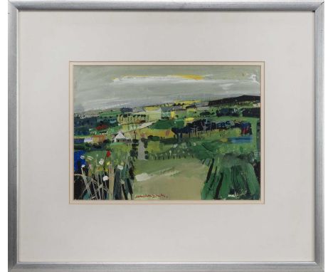 * HAMISH MACDONALD DA PAI (SCOTTISH 1935 - 2008), GREEN FIELDS mixed media on board, signedmounted, framed and under glassima