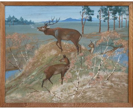 * RALSTON GUDGEON RSW (SCOTTISH 1910 - 1984), FAMILY OF DEER watercolour on paper, signedframed and under glassimage size 44c