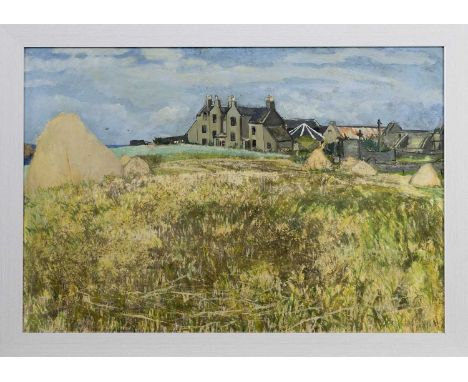 * FRANCES WALKER CBE RSA RSW (SCOTTISH b. 1930) FARM STEADING oil on board, signedframedimage size 64cm x 92cm, overall size 