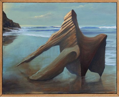 * ERIC TIMMS, DRIFTWOOD SEASCAPE oil on canvasframedimage size 40cm x 50cm, overall size 43cm x 53cm Note: Words from the art