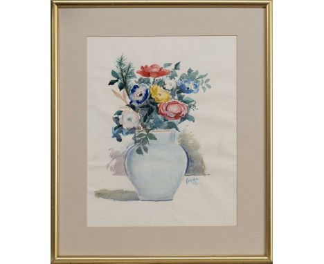 * WILLIAM CROSBIE RSA RGI (SCOTTISH 1915 - 1999), FLOWERS IN A BLUE VASE mixed media on paper, signed and dated XCImounted, f