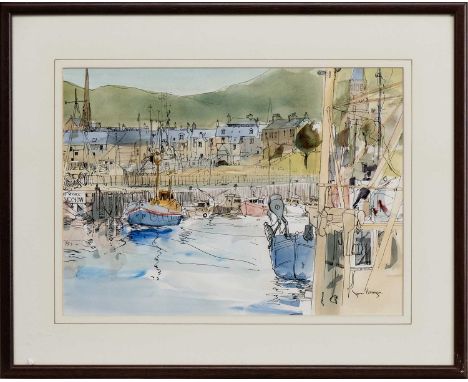 * JAMES HARRIGAN (SCOTTISH b. 1937), HARBOUR ink and watercolour on paper, signedmounted, framed and under glassimage size 27