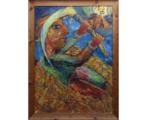 * DAVID COOK (SCOTTISH b. 1957), THE LAST HARVEST oil on board, signed, titled and dated 1986 label versoframed and under gla