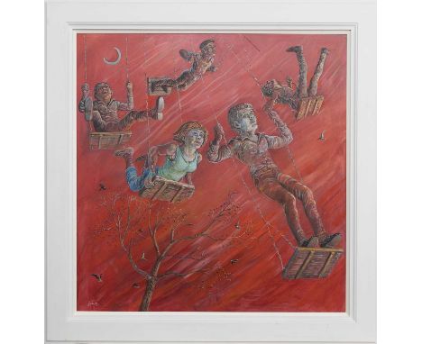 JOHN JOHNSTONE SSA (SCOTTISH b. 1941), ON THE SWING AT SUNSET  mixed media on panel, signed, titled label versoframedimage si