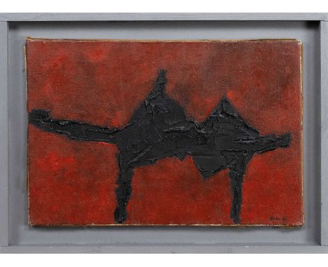 * WILLIAM GEAR RA FRSA RBSA (SCOTTISH 1915 - 1997), BLACK FIGURE ON RED NO. 3 oil on canvas, signed and dated '56, titled ver